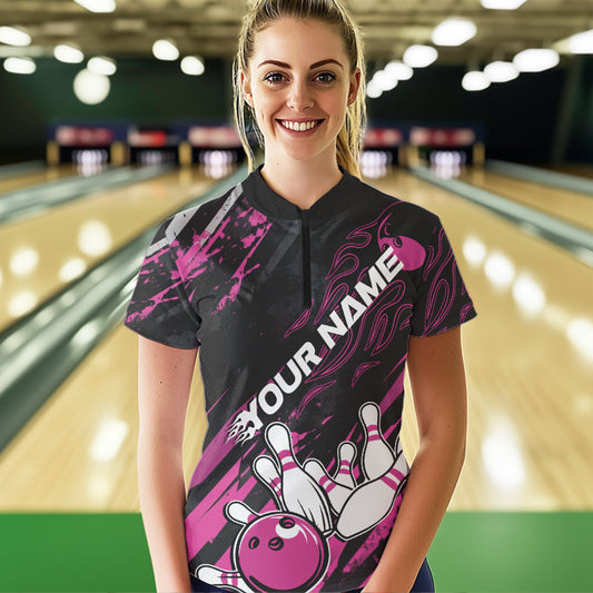 Grunge Black And Pink Custom Flame Bowling Team Womens Quarter-Zip Shirts, Bowling League IPHW8525