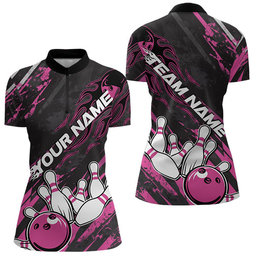 Grunge Black And Pink Custom Flame Bowling Team Womens Quarter-Zip Shirts, Bowling League IPHW8525