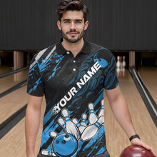 Load image into Gallery viewer, Grunge Black And Blue Custom Flame Bowling Team Polo Shirts For Men, Bowling League Shirt IPHW8526