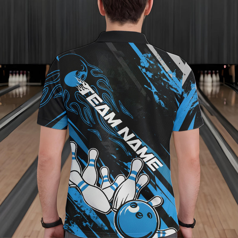 Grunge Black And Blue Custom Flame Bowling Team Polo Shirts For Men, Bowling League Shirt IPHW8526