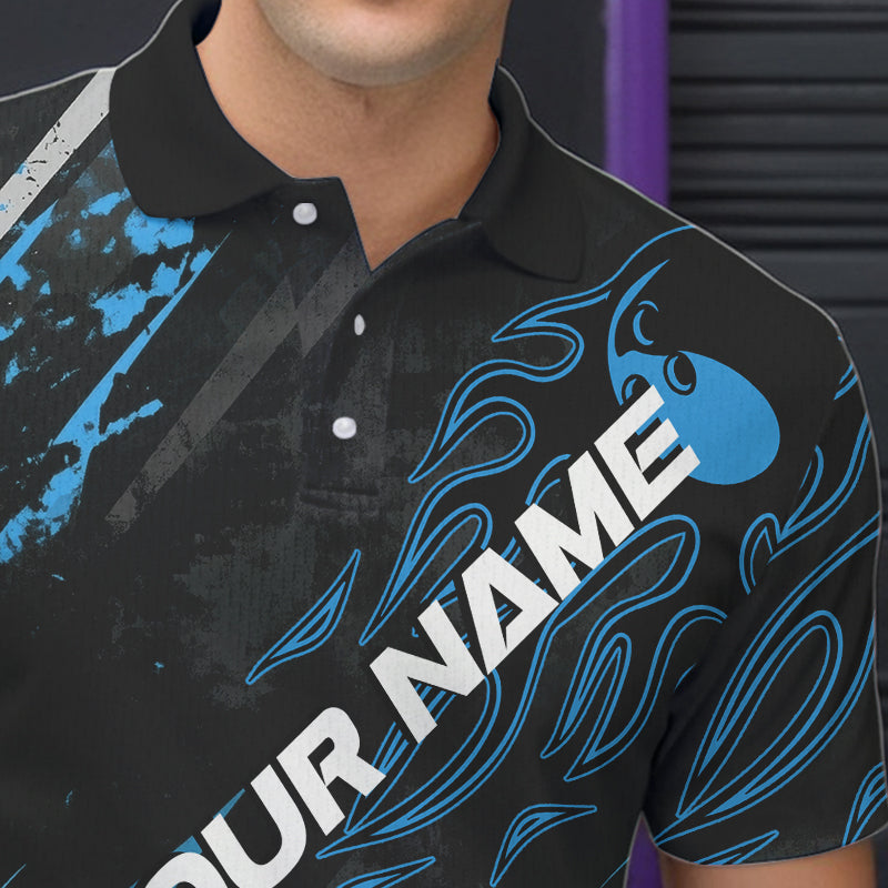 Grunge Black And Blue Custom Flame Bowling Team Polo Shirts For Men, Bowling League Shirt IPHW8526