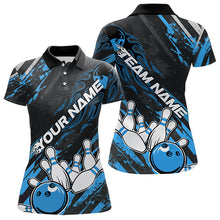 Load image into Gallery viewer, Grunge Black And Blue Custom Flame Bowling Team Polo Shirts For Women, Bowling League Shirt IPHW8526