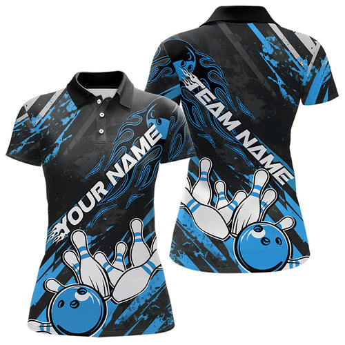 Grunge Black And Blue Custom Flame Bowling Team Polo Shirts For Women, Bowling League Shirt IPHW8526
