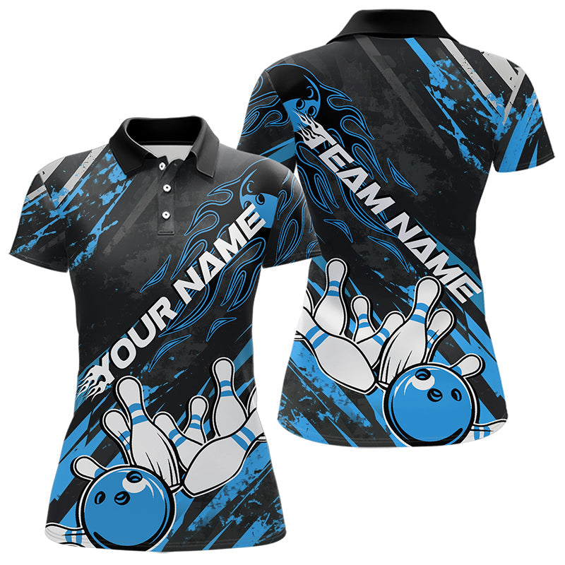 Grunge Black And Blue Custom Flame Bowling Team Polo Shirts For Women, Bowling League Shirt IPHW8526