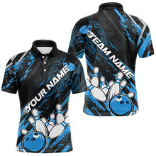 Load image into Gallery viewer, Grunge Black And Blue Custom Flame Bowling Team Polo Shirts For Men, Bowling League Shirt IPHW8526