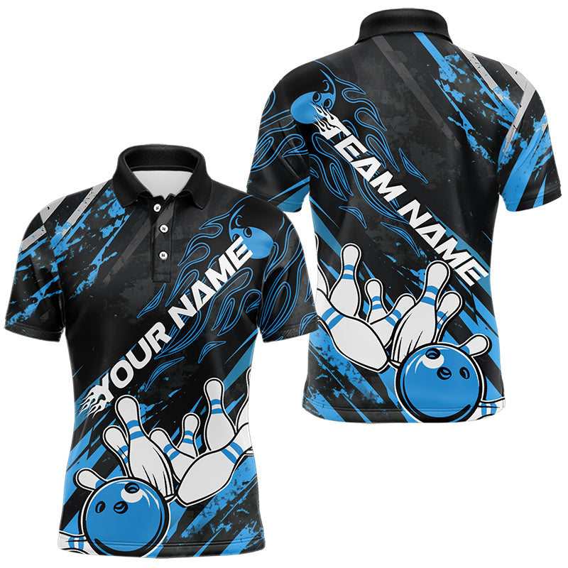 Grunge Black And Blue Custom Flame Bowling Team Polo Shirts For Men, Bowling League Shirt IPHW8526