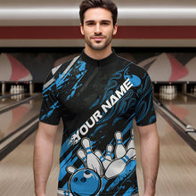 Load image into Gallery viewer, Grunge Black And Blue Custom Flame Bowling Team Quarter-Zip Shirts For Men, Bowling League Shirt IPHW8526