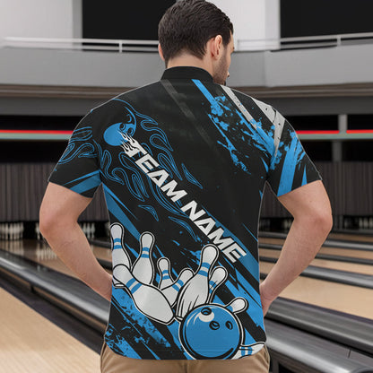 Grunge Black And Blue Custom Flame Bowling Team Quarter-Zip Shirts For Men, Bowling League Shirt IPHW8526