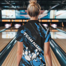 Load image into Gallery viewer, Grunge Black And Blue Custom Flame Bowling Team Womens Quarter-Zip Shirts, Bowling League IPHW8526