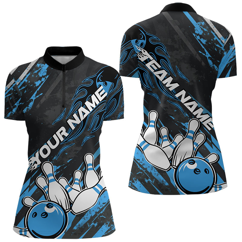Grunge Black And Blue Custom Flame Bowling Team Womens Quarter-Zip Shirts, Bowling League IPHW8526