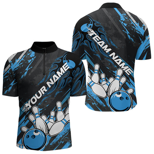 Grunge Black And Blue Custom Flame Bowling Team Quarter-Zip Shirts For Men, Bowling League Shirt IPHW8526