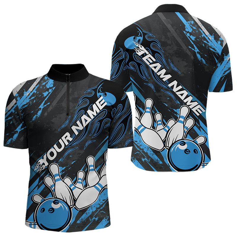 Grunge Black And Blue Custom Flame Bowling Team Quarter-Zip Shirts For Men, Bowling League Shirt IPHW8526