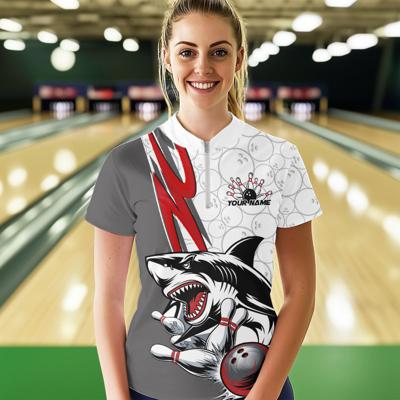 Custom Red Shark Bowling Quarter-Zip Shirt For Women, Shark Bowling Team Tournament Outfits IPHW8728