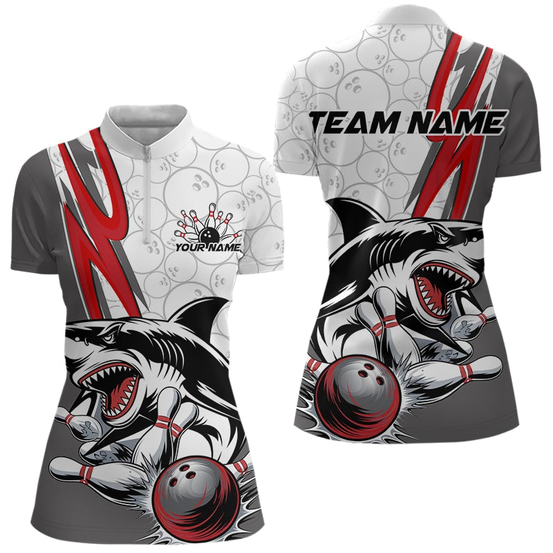 Custom Red Shark Bowling Quarter-Zip Shirt For Women, Shark Bowling Team Tournament Outfits IPHW8728
