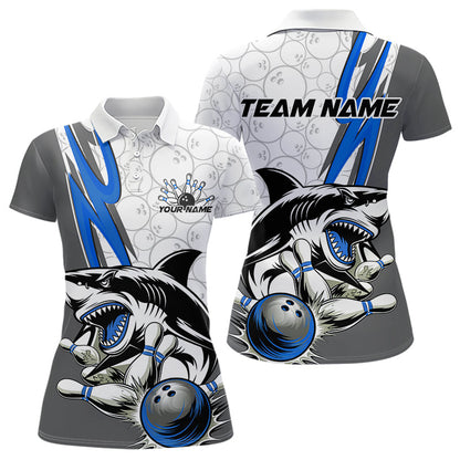 Custom Blue Shark Bowling Polo Shirts For Women, Shark Bowling Team Tournament Outfits IPHW8729