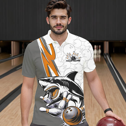 Custom Orange Shark Bowling Polo Shirts For Men, Shark Bowling Team Tournament Outfits IPHW8730