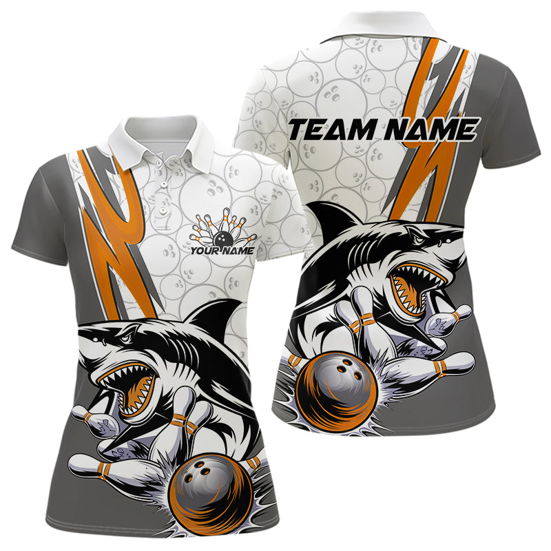 Custom Orange Shark Bowling Polo Shirts For Women, Shark Bowling Team Tournament Outfits IPHW8730