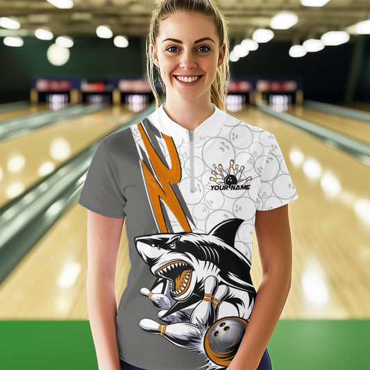 Custom Orange Shark Bowling Women Quarter-Zip Shirts, Shark Bowling Team Tournament Outfits IPHW8730