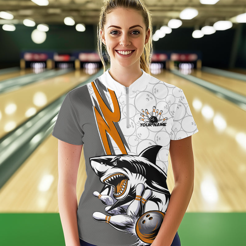 Custom Orange Shark Bowling Women Quarter-Zip Shirts, Shark Bowling Team Tournament Outfits IPHW8730