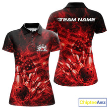 Load image into Gallery viewer, Custom Red Fire Patriotic Bowling Team Women Polo Shirt, American Flag Flame Bowling Jersey IPHW11107