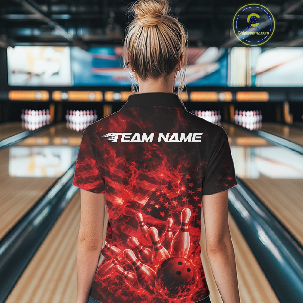 Back view of a black and red womens quarter-zip showcasing bowling pins, flames, and American flag-inspired artwork.