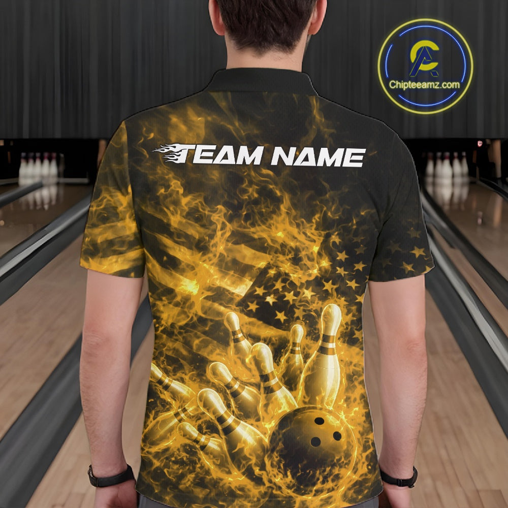 Back view of a mens black and yellow bowling polo showcasing flaming bowling ball and pin graphics.
