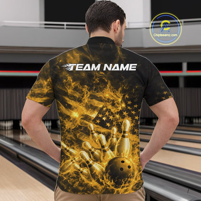 Front view of a black and yellow bowling quarter-zip displaying a bowling strike scene with flames and patriotic details.