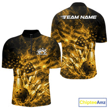 Load image into Gallery viewer, Custom Yellow Fire Patriotic Bowling Men Quarter-Zip Shirt, American Flag Flame Bowling Jersey IPHW11108