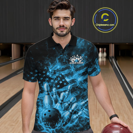 Male model wearing a black and blue bowling polo in a bowling lane with flaming bowling action artwork.