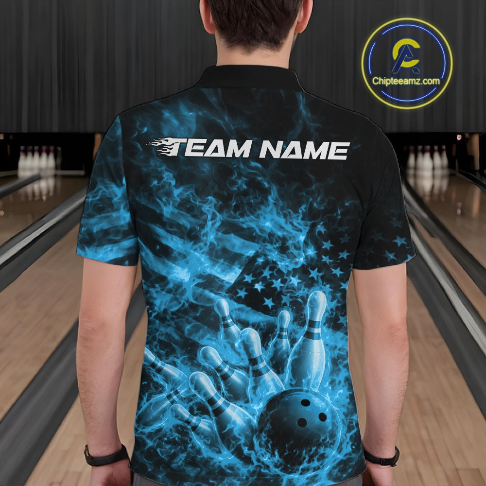 Back view of a mens black and blue bowling polo displaying bowling pins, flames, and American flag elements.