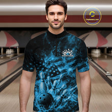 Load image into Gallery viewer, Custom Blue Fire Patriotic Bowling Men Quarter-Zip Shirt, American Flag Flame Bowling Jersey IPHW11109
