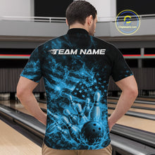 Load image into Gallery viewer, Custom Blue Fire Patriotic Bowling Men Quarter-Zip Shirt, American Flag Flame Bowling Jersey IPHW11109