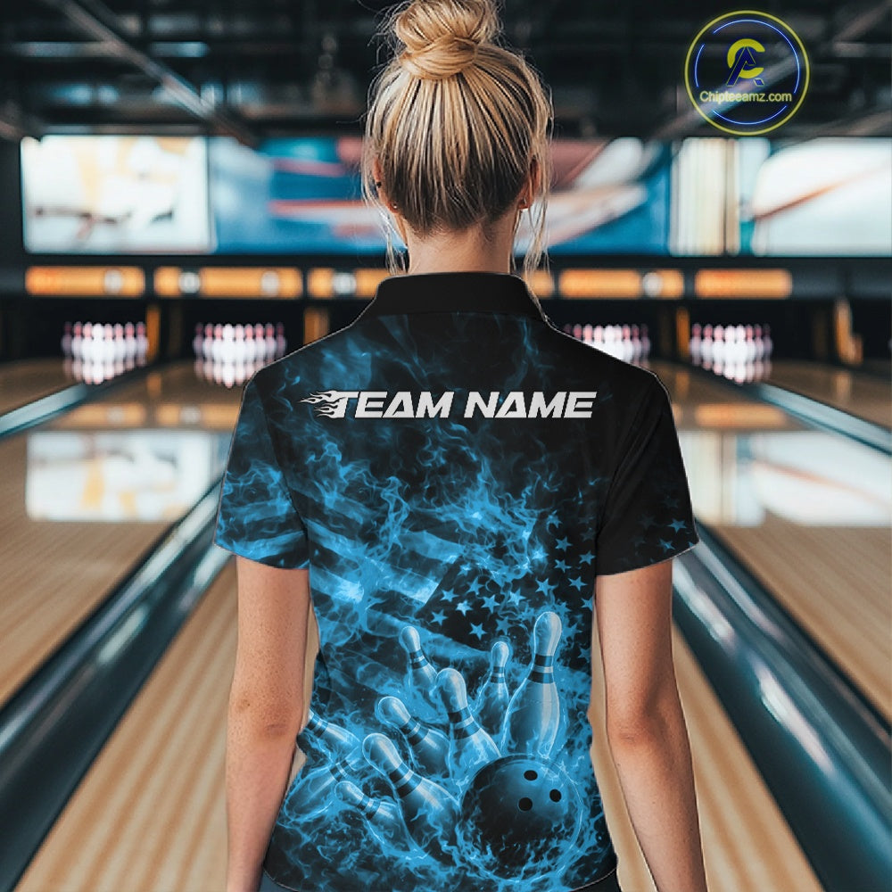 Back view of a black and blue quarter-zip showcasing a bowling strike scene with flames and an American flag background.