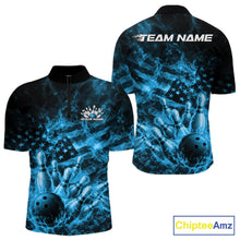 Load image into Gallery viewer, Custom Blue Fire Patriotic Bowling Men Quarter-Zip Shirt, American Flag Flame Bowling Jersey IPHW11109