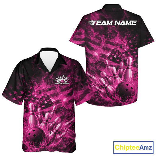 Front and back black and pink button-up bowling shirt with flaming bowling ball, pins, and American flag background graphics.