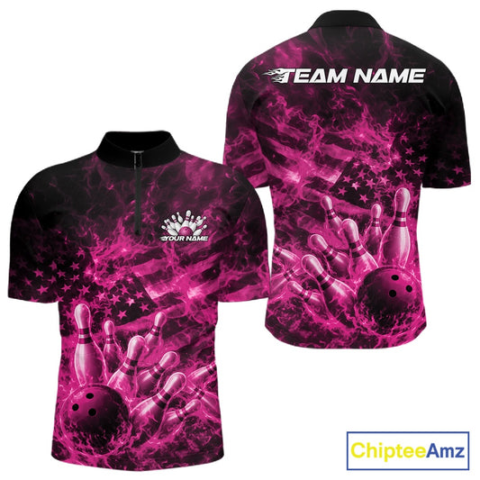 Front and back mens bowling quarter-zip in black and pink featuring a bowling ball crashing through pins with flames and an American flag backdrop.