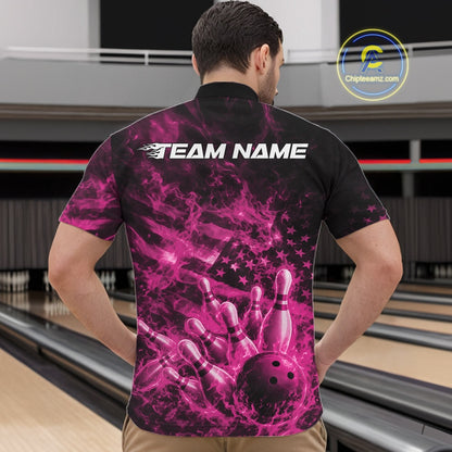 Front view of a black and pink bowling quarter-zip displaying a bowling strike scene with flames and flag-inspired accents.