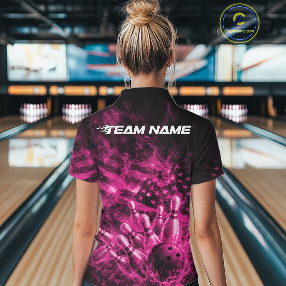 Back view of a black and pink bowling quarter-zip displaying flaming bowling graphics with patriotic accents.