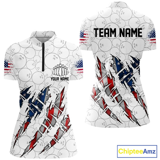 Custom American Flag Patriotic Bowling Shirts For Women, Personalized Bowling Team Shirts IPHW7044