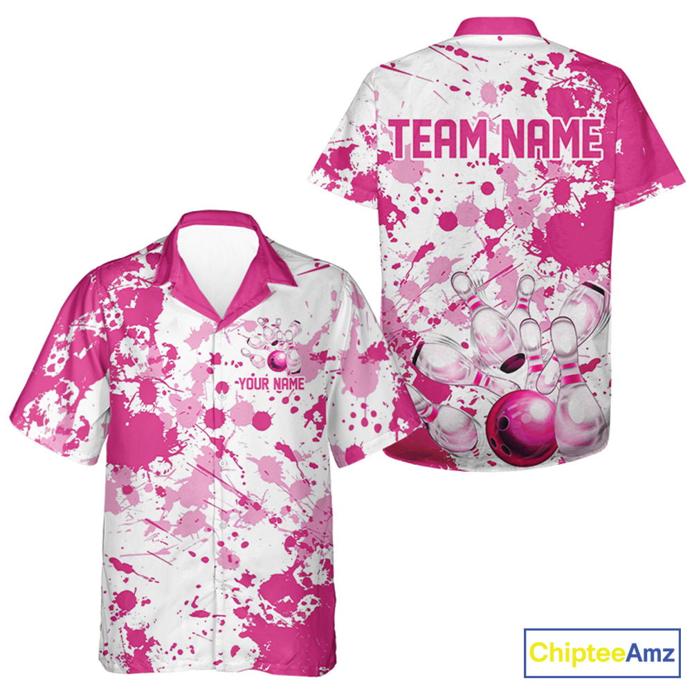 Custom Pink Bowling Hawaiian Shirts For Men, Splatter Bowling Team Jerseys With Name IPHW7052