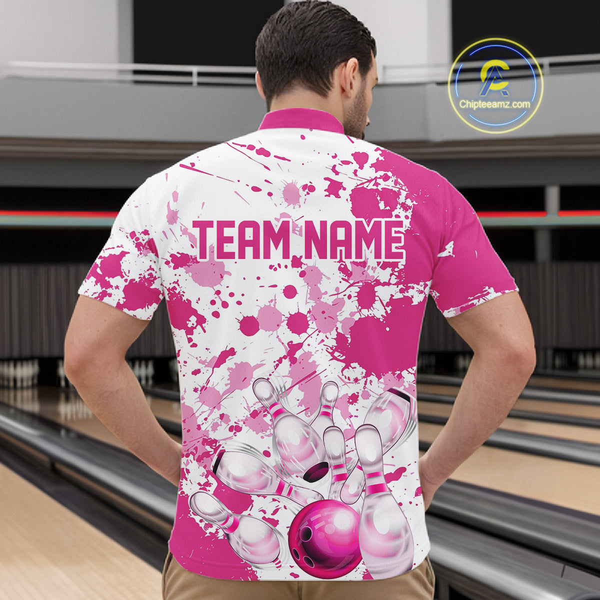 Custom Pink Bowling Polo Shirts For Men, Bowling Team Shirts Bowling Jerseys With Name IPHW7052