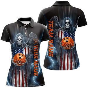 Custom Us Ladies Bowling Shirts, American Flag Skull Patriotic Bowling Team Shirt Outfit IPHW7606