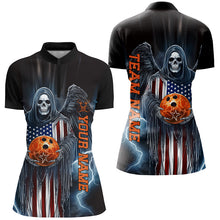 Load image into Gallery viewer, Custom Us Ladies Bowling Shirts, American Flag Skull Patriotic Bowling Team Shirt Outfit IPHW7606