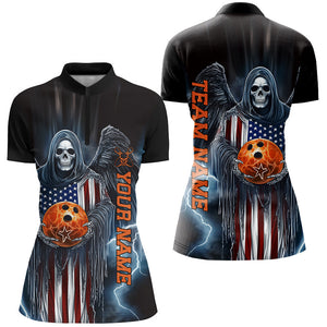 Custom Us Ladies Bowling Shirts, American Flag Skull Patriotic Bowling Team Shirt Outfit IPHW7606