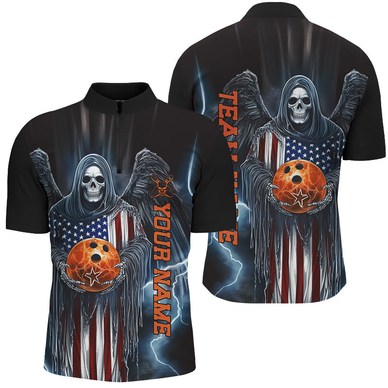 Custom Us Bowling Shirts For Men, American Flag Skull Patriotic Bowling Team Shirt Outfit IPHW7606