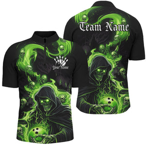 Black And Green Flame Grim Reaper Custom Halloween Bowling Shirts For Men, Team Bowlers Outfits IPHW7609