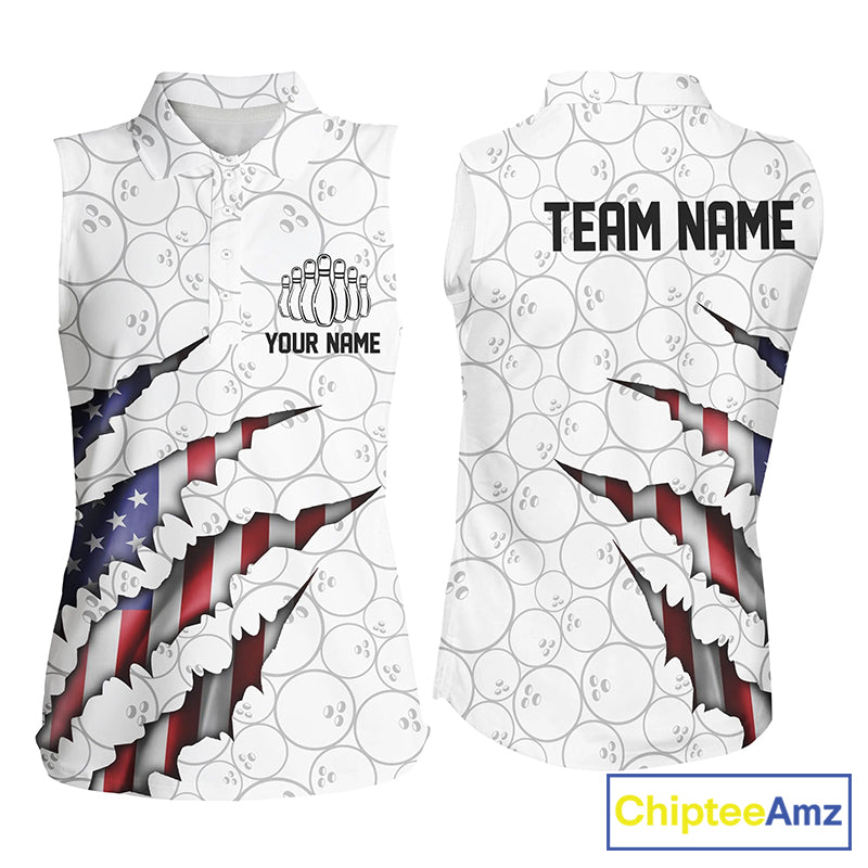 Custom Patriotic Sleeveless Bowling Shirts For Women, American Flag Usa Bowling League Shirt IPHW5523