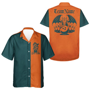 Custom Blue Green And Orange Dragon Bowling Hawaiian Shirts, Classic Retro Bowling Team Shirt IPHW8277