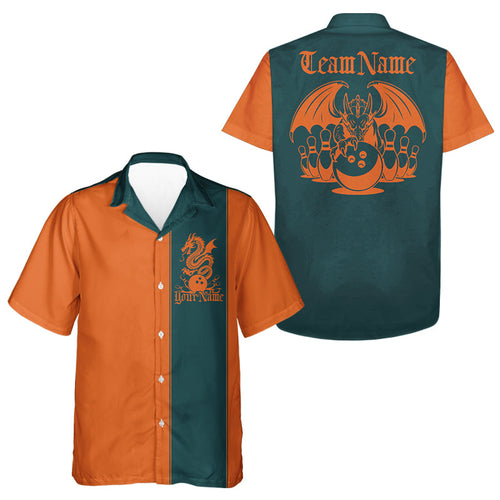 Custom Blue Green And Orange Dragon Bowling Hawaiian Shirts, Classic Retro Bowling Team Shirt IPHW8278