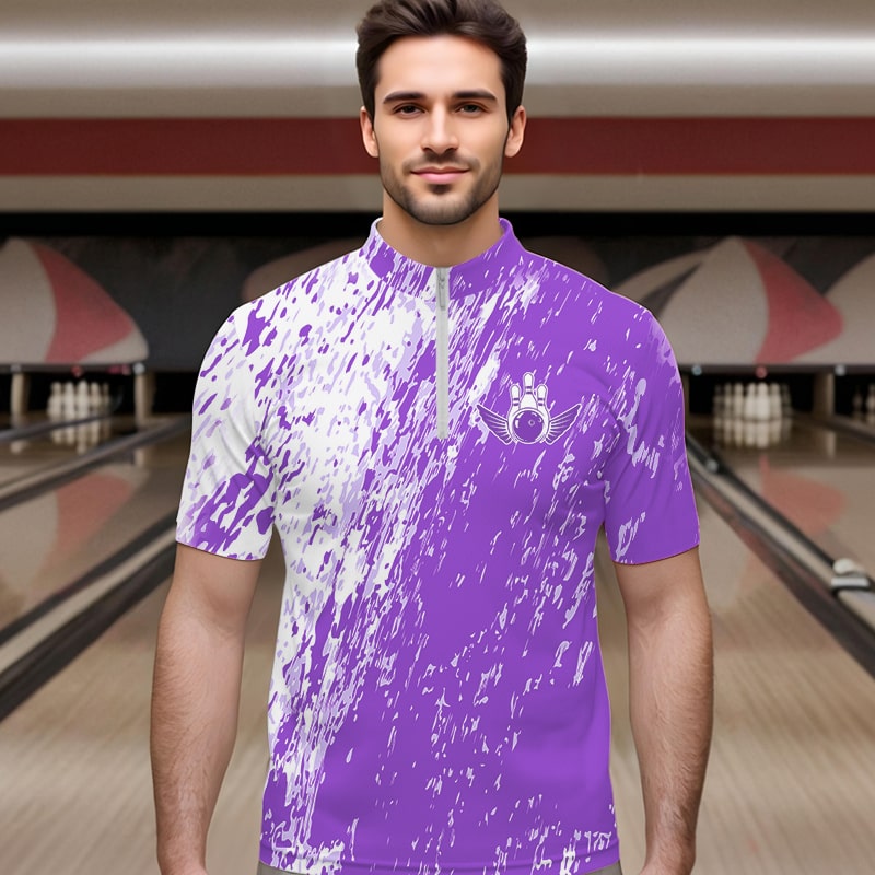 Personalized White And Purple Bowling Team Quarter-Zip Shirts For Men, Bowling Tournament Outfits IPHW8744